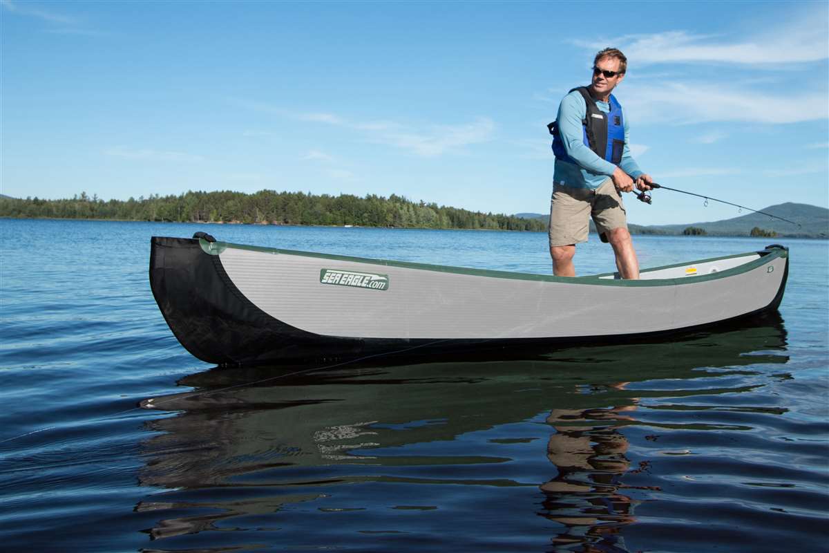 Sea Eagle TC16 Inflatable Travel Canoe with Wood/Web SEATS for 3 & Electric Pump Package