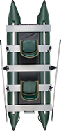 Now in a Dark Hunter Green to blend in with the waters and surroundings where fish hide most!  The 375fc Fold Cat™ inflatable one or two man pontoon fishing boat with patented folding frame design is a lightweight, portable, fuel efficient, large platform fishing boat for two that packs easily into a car and  does not require a trailer!
Featuring the versatile universal Scotty™ Mount System with 2-4 Scotty™ Rod Holders and the ability to attach an incredible assortment of Scotty™ accessories.
(U.S. Patent 7,240,634) Inflatable Fishing Boats