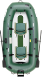 The Hunter Green Stealth Stalker 10 is a new kind of fishing boat equipped for use in various fishing conditions... on rivers, lakes, bays...in calm or rough weather. Comfortable for two, easily handled by one!
This roomy, portable, light weight boat features a fully enclosed hull for use on almost any body of water. Wide sectional floorboards provide plenty of fishing space and a conveniently located stow bag makes for easy access. With 2 built-in 40" Fish Rulers on the pontoons, measuring fish will be quick and easy.
Utilizing a round-hull configuration with an inside cockpit this enclosed boat gives anglers a safe secure feeling while fishing in calm or rough seas.  A truly stable and functional fishing craft that can be used in a wide range of fishing and water conditions. Inflatable Fishing Boats